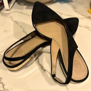 Tory Burch women’s black suede Lancaster pointed toe flats with gold heel